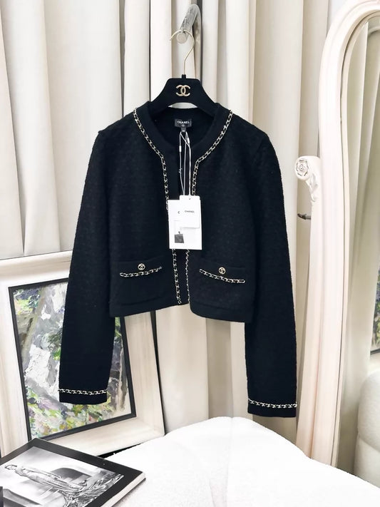 Chanel 23B black and gold leather chain cardigan
