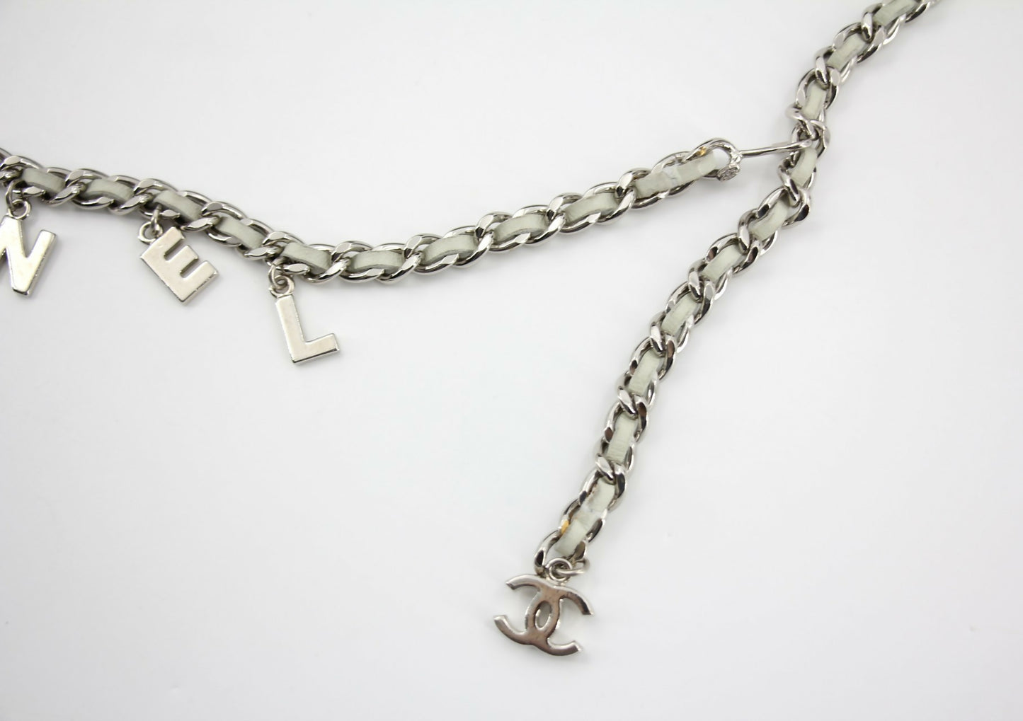 Chanel Vintage 09C Leather-threaded Metal Olive Green and Silver Waist Chain L91