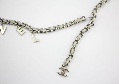 Chanel Vintage 09C Leather-threaded Metal Olive Green and Silver Waist Chain L91