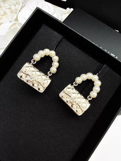 Chanel 21S light gold CF pearl quilted bag earrings