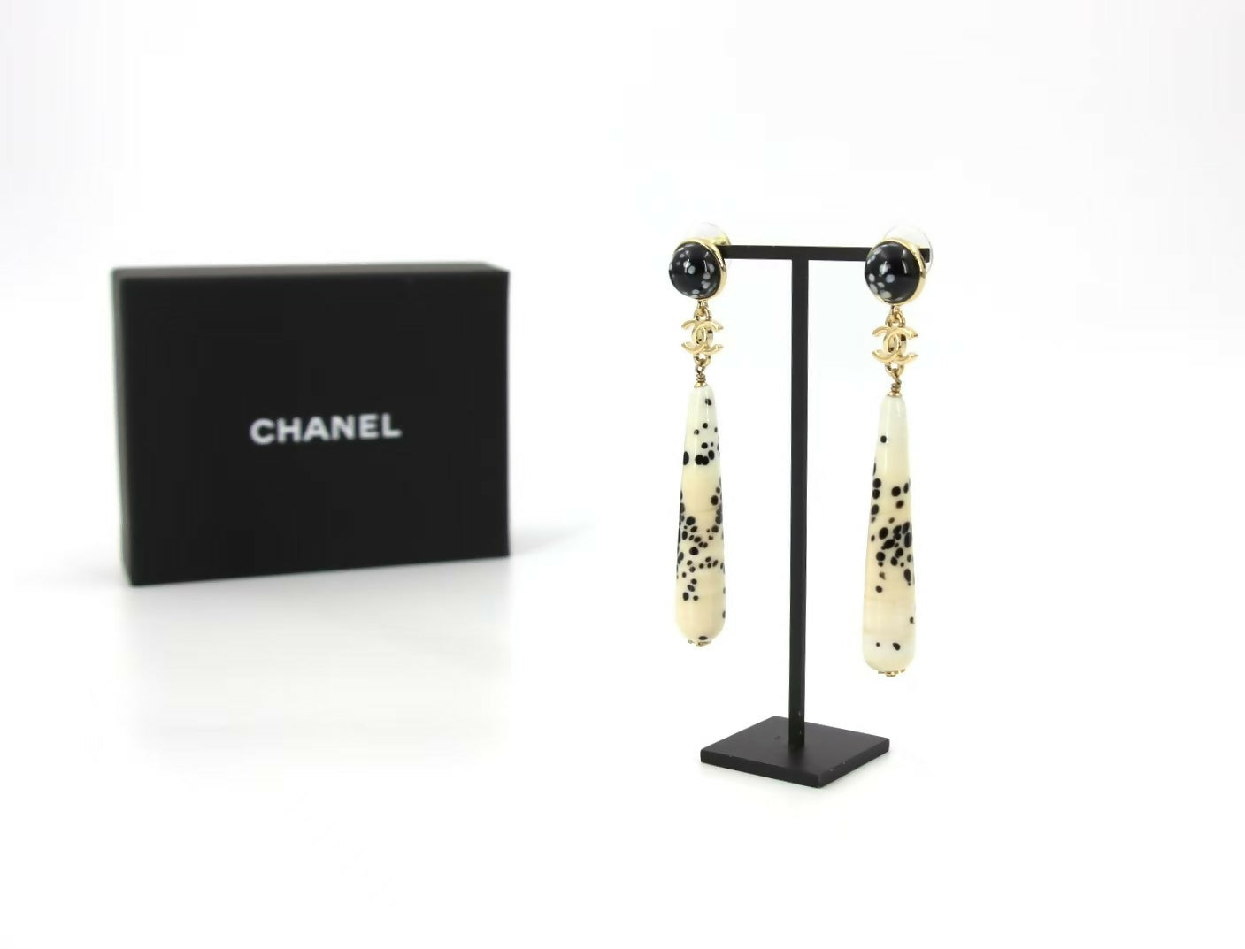 Chanel 26A Resin Polka Dot Black and White Drop Stud Earrings