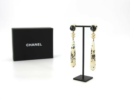 Chanel 26A Resin Polka Dot Black and White Drop Stud Earrings