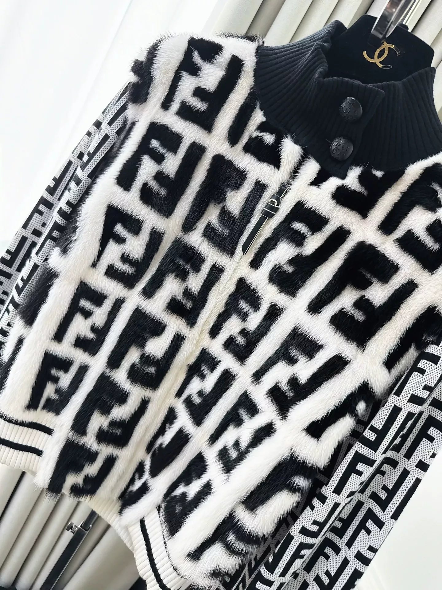 Fendi black and white double F fur mink jacket
