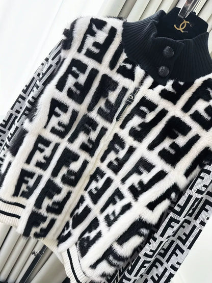 Fendi black and white double F fur mink jacket
