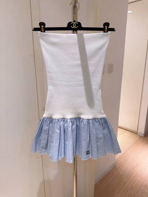 Miu Miu white and blue patchwork logo embroidered strapless dress