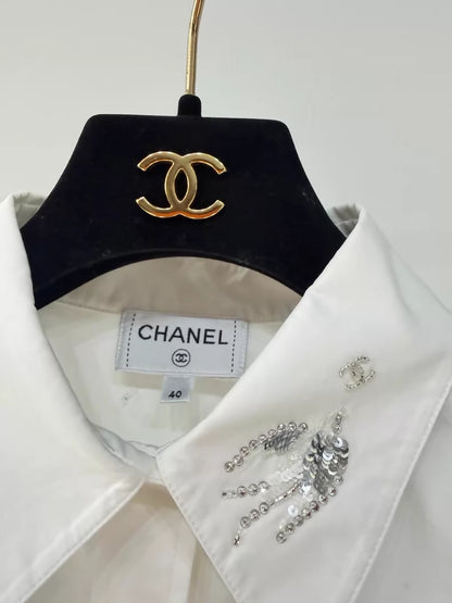 Chanel 25S sequined bird double C white poplin long-sleeved shirt