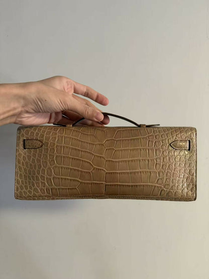 Hermes Kelly cut Matt croco milk tea