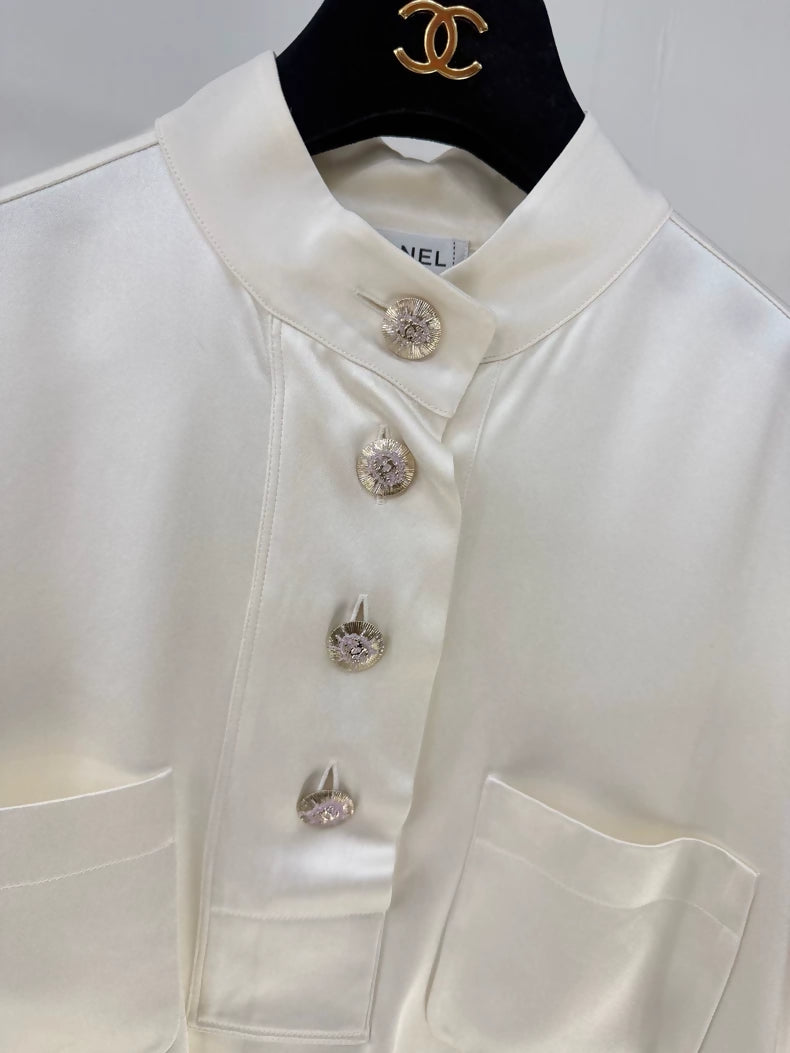 Chanel 24S ecru mulberry silk satin shirt