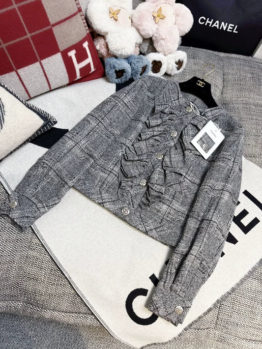 Chanel 19p tweed jacket with black/grey ruffles