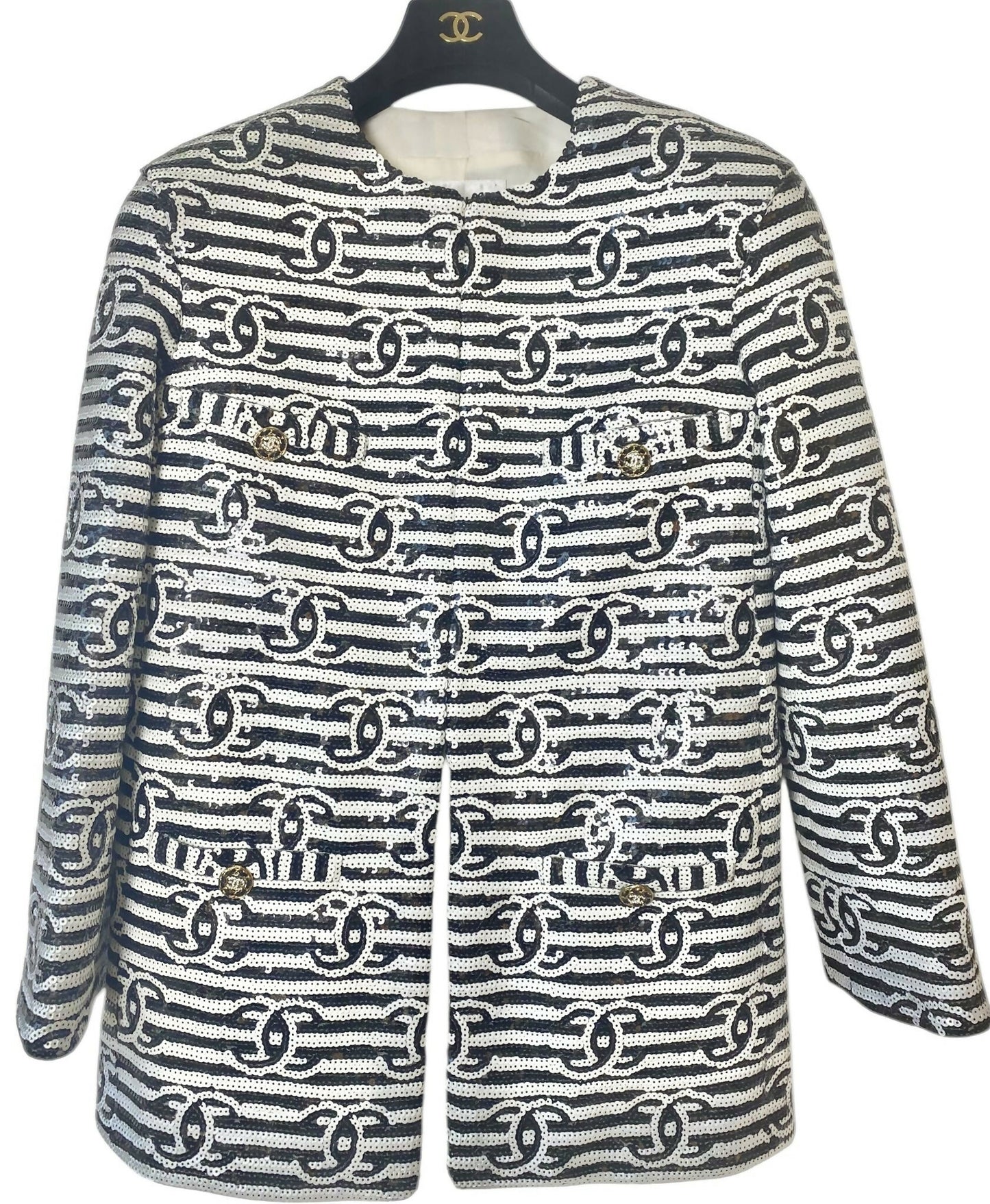 Chanel 22S Runway Sequin CC Logo Black and White Jacket FR 40