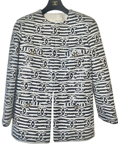 Chanel 22S Runway Sequin CC Logo Black and White Jacket FR 40