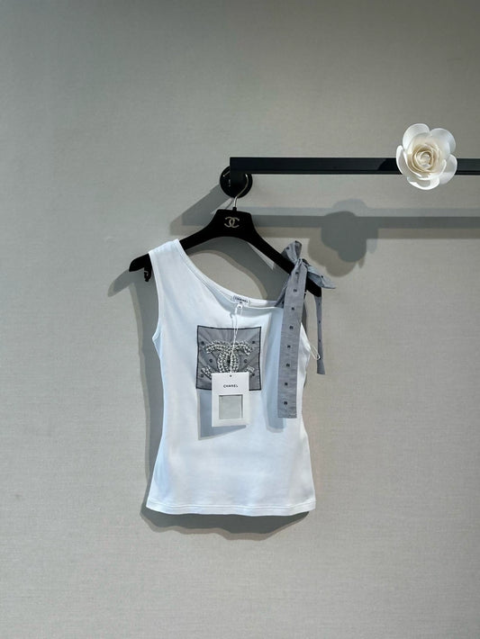 Chanel 24P white pearl logo off-shoulder top