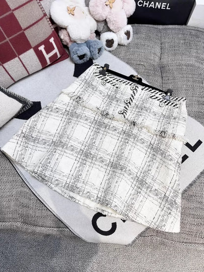 Chanel 18S Beige and Black Check Fringe Tweed Mini Skirt