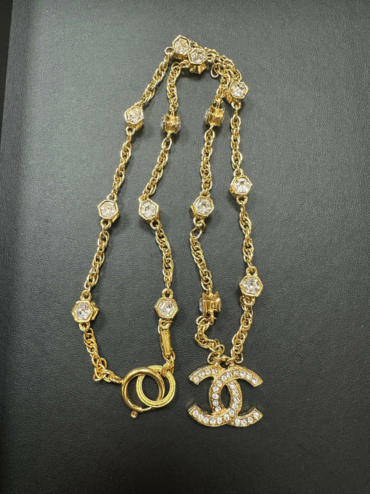 Chanel Vintage 71-80 Rhinestone & Gold Plated CC Necklace