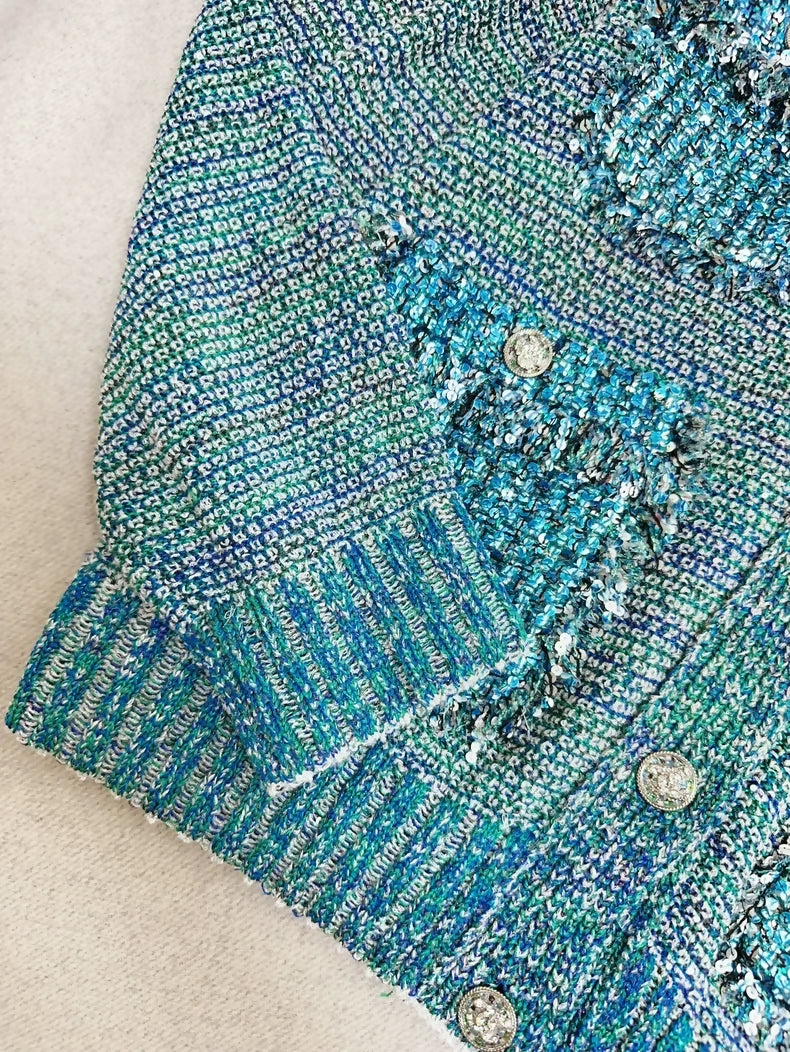 Chanel 23P light blue sequined four-pocket knit cardigan