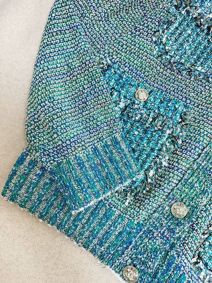 Chanel 23P light blue sequined four-pocket knit cardigan