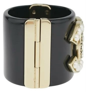 Chanel Iconic 14B Crystal & Pearl CC Wide Black Cuff Bracelet GHW