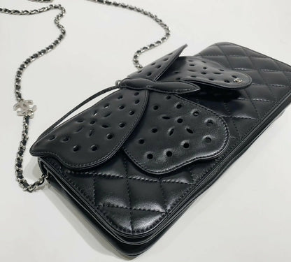 Rare Chanel 2011 Lambskin Black Butterfly Ornament Clutch Crossbody Flap Bag
