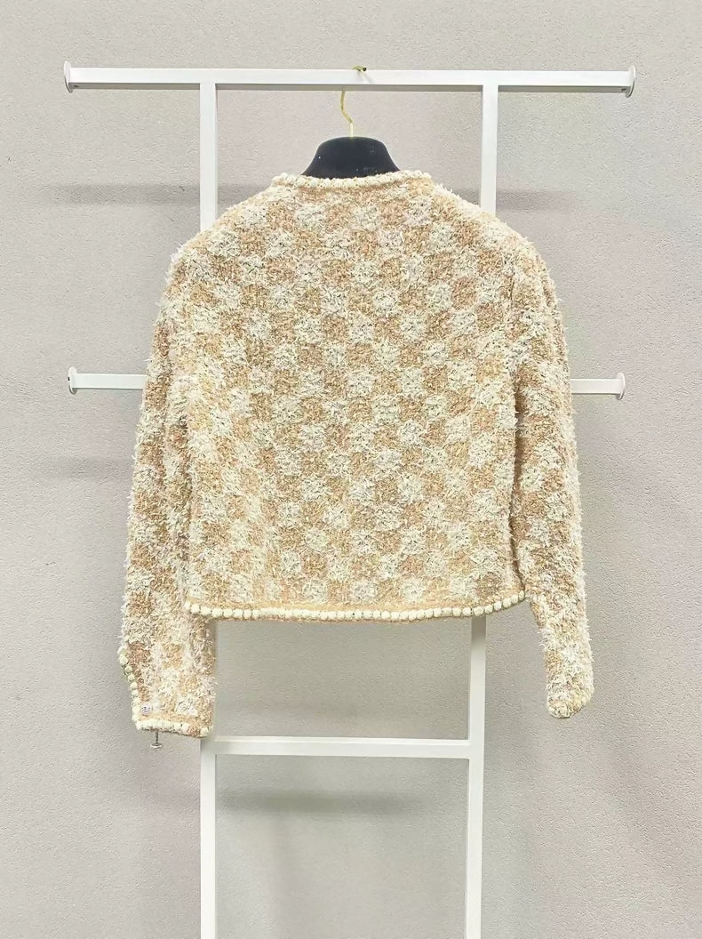 Chanel 23S Orange and White Damier Check Knit Cardigan
