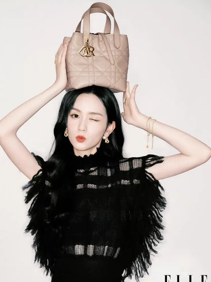 Dior black fringed plaid cape top