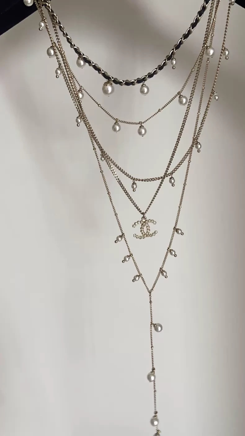 Chanel 19 Black Gold Leather Chain Multi-Layer Pearl Necklace