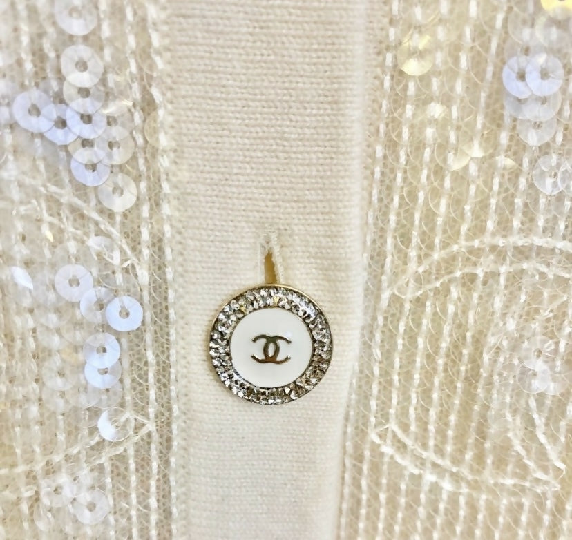 Rare Chanel 22S CC Iridescent Sequin Cream Mini Dress Cardigan Vest FR 40