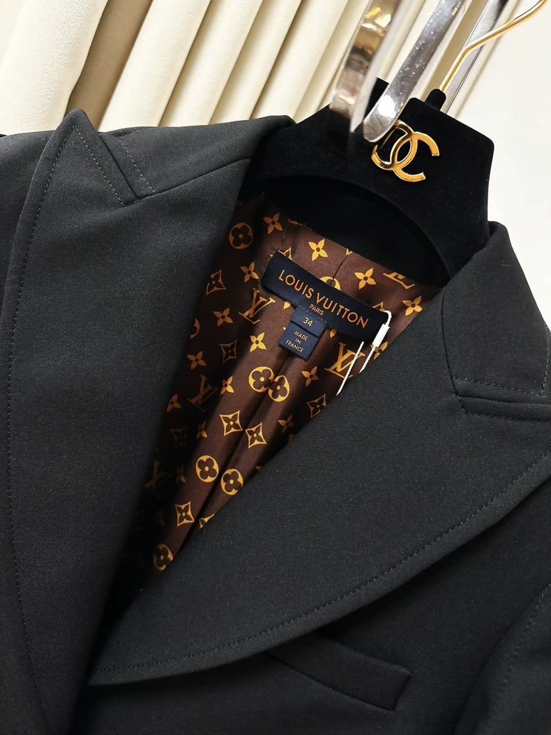 Black Louis Vuitton (LV) suit jacket with brown monogram logo print all over