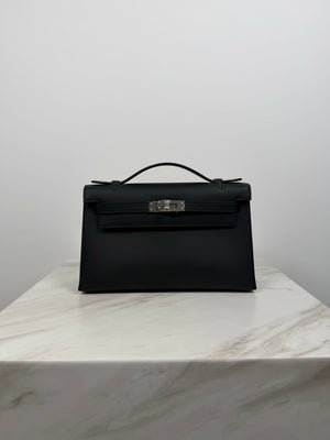 Hermès Kelly Pochette Black Swift Palladium hardware