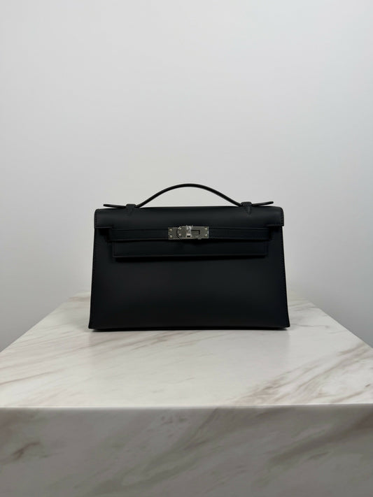 Hermès Kelly Pochette Black Swift Palladium hardware