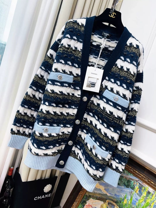 CHANEL 22b blue and white striped cardigan