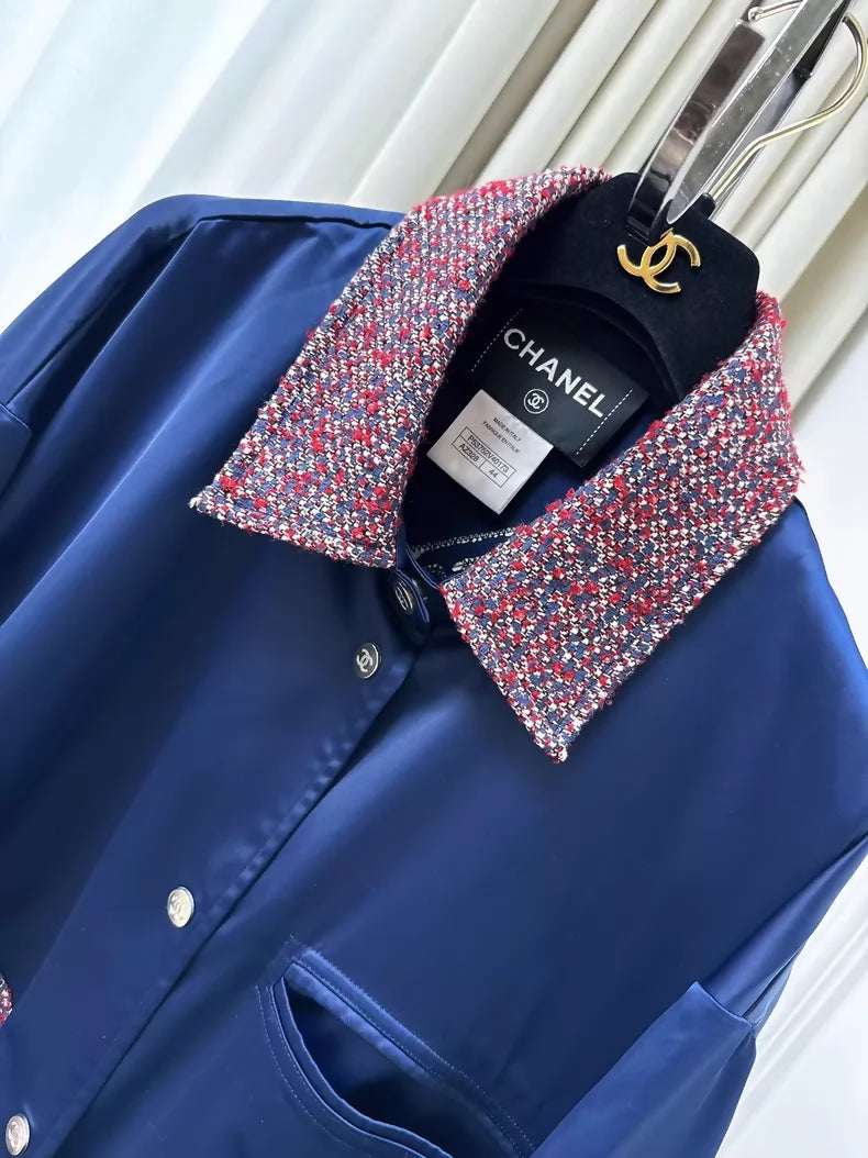 Chanel 16P navy blue satin jacket with burgundy tweed pockets