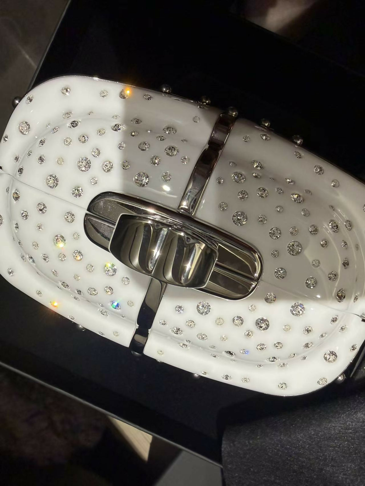 Chanel 2019 Limited Edition Ski Cable Car / Gondola Lift Minaudière Clutch Bag White Resin & Strass Silver Hardware