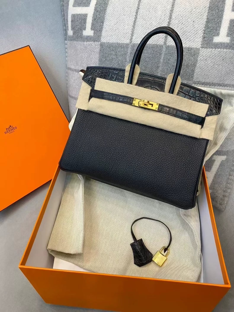 Hermes Birkin touch 25 Black Togo & Matte Alligator Leather with gold hardware