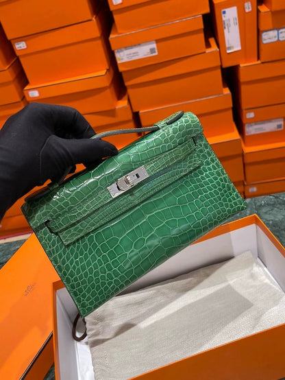 Hermes mini Kelly pochette cactus green shiny crocodile leather palladium hardware