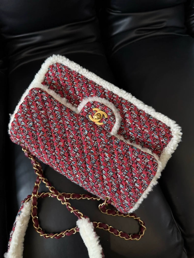 Chanel's 21 red white tweed flap bag