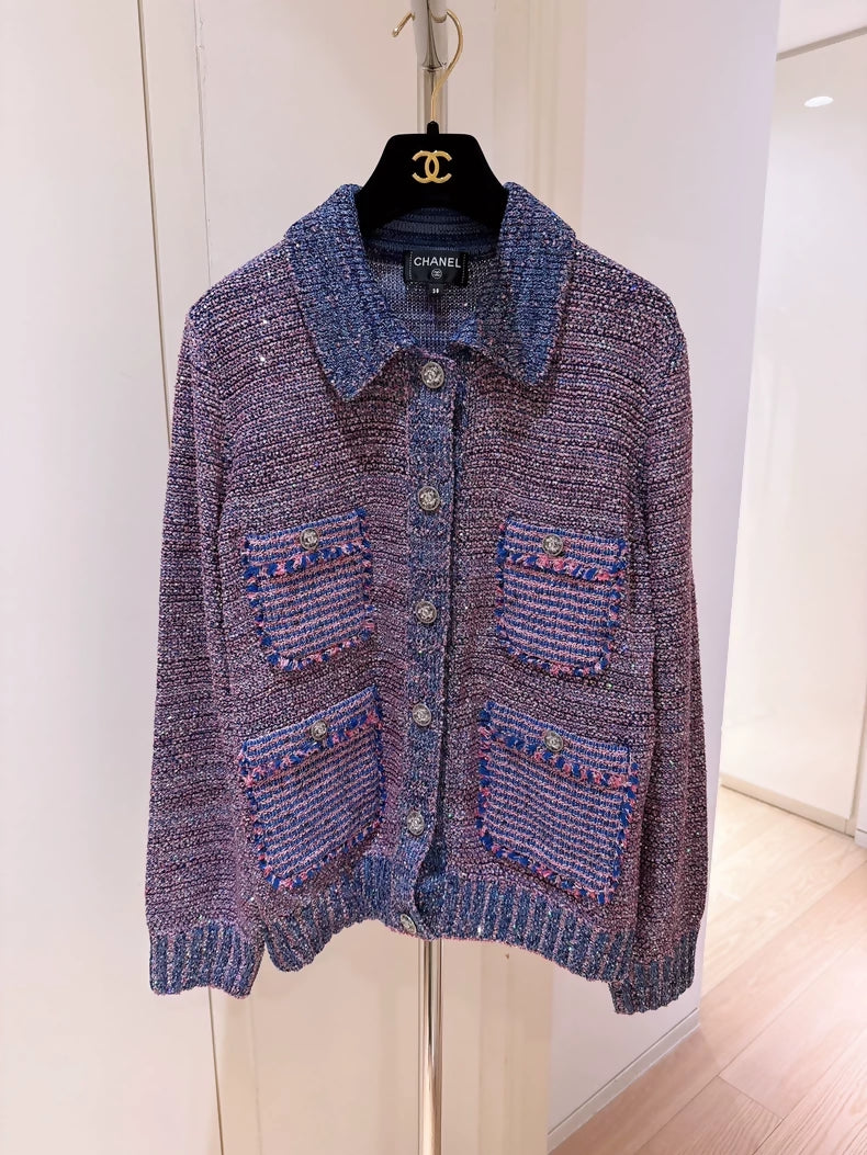 Chanel 23P Pink and Purple Sequined Knit Cardigan