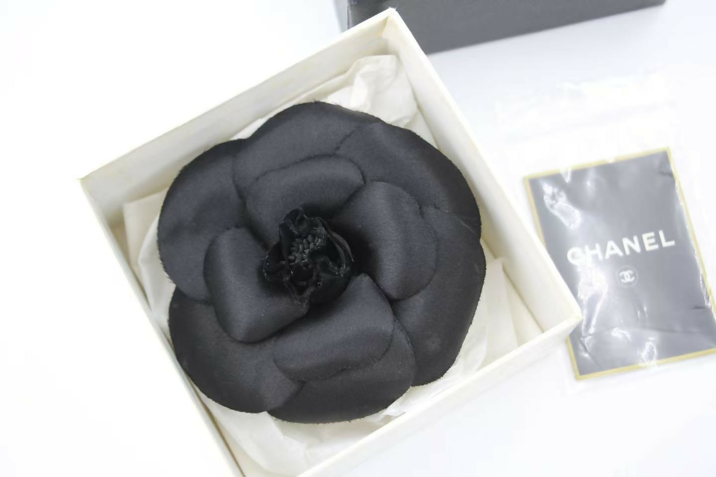 Chanel Vintage 81-85 Silk Black Large Camellia Brooch