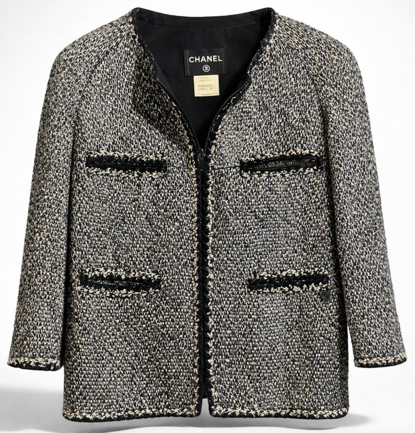 Chanel 11A Classic Black White Tweed Braided Trim Zip Up Jacket FR 50