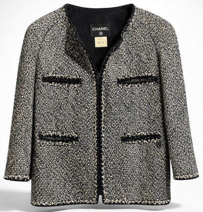 Chanel 11A Classic Black White Tweed Braided Trim Zip Up Jacket FR 50
