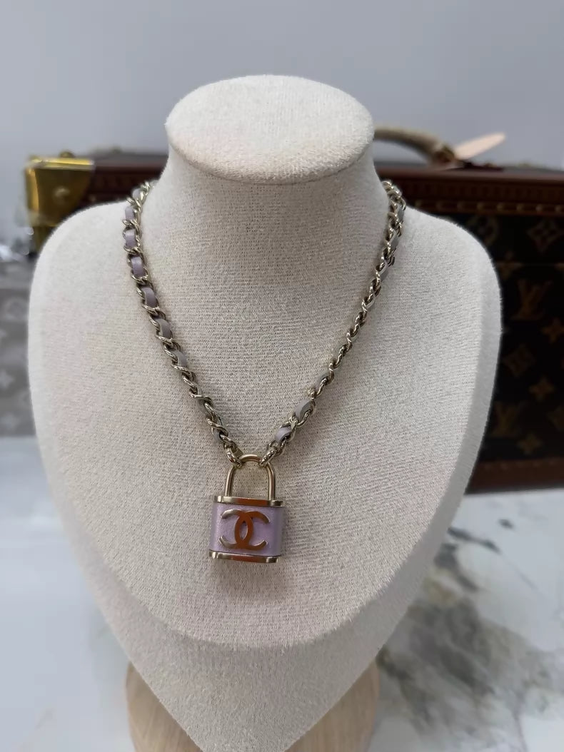 Chanel pink lock leather necklace