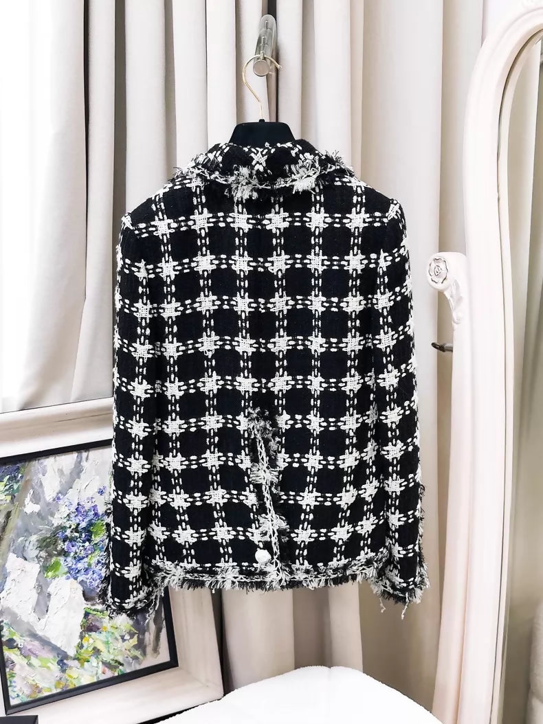 Chanel 07P black and white fringed tweed jacket & dress set