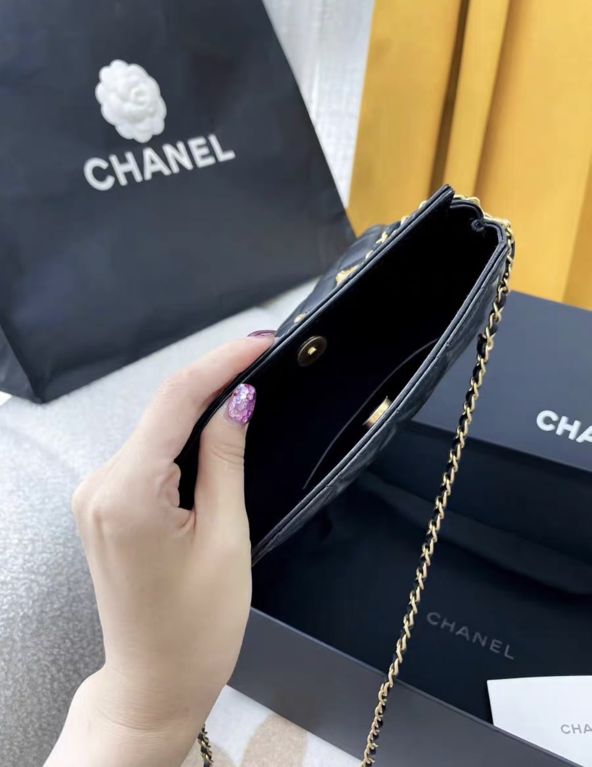 Chanel 23A Black and Gold Lion Emblem Chain Bag