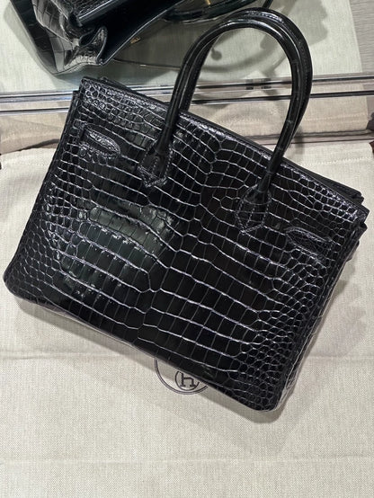 Hermes Birkin 30 black shiny crocodile leather gold hardware