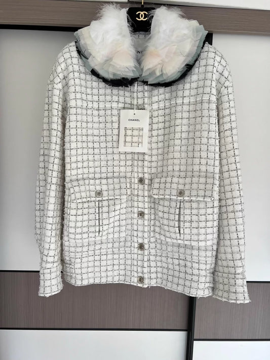 Chanel 25k feather collar tweed jacket
