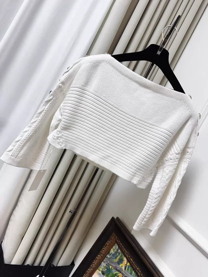 Chanel 20P White Double C Jacquard Knit Off-Shoulder Top