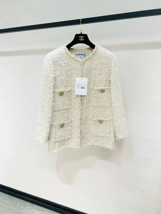 Chanel 19A white ecru & gold tweed jacket