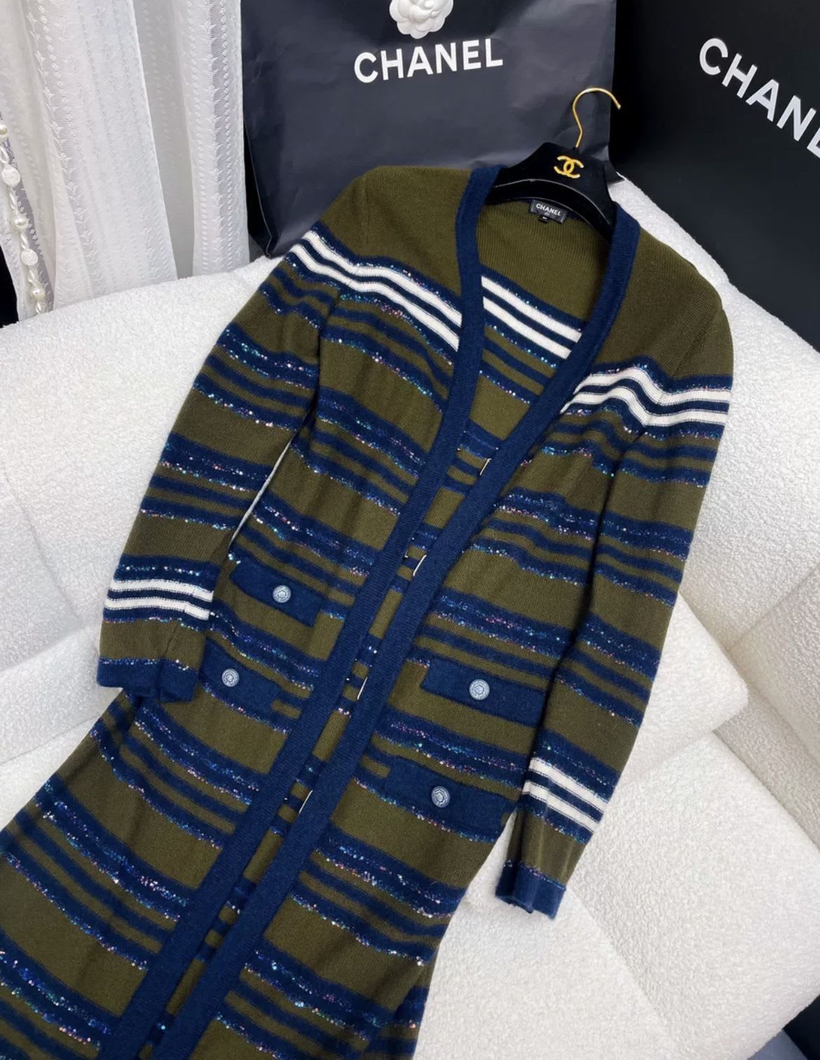 Chanel 20A dark green and blue knitted striped long cardigan