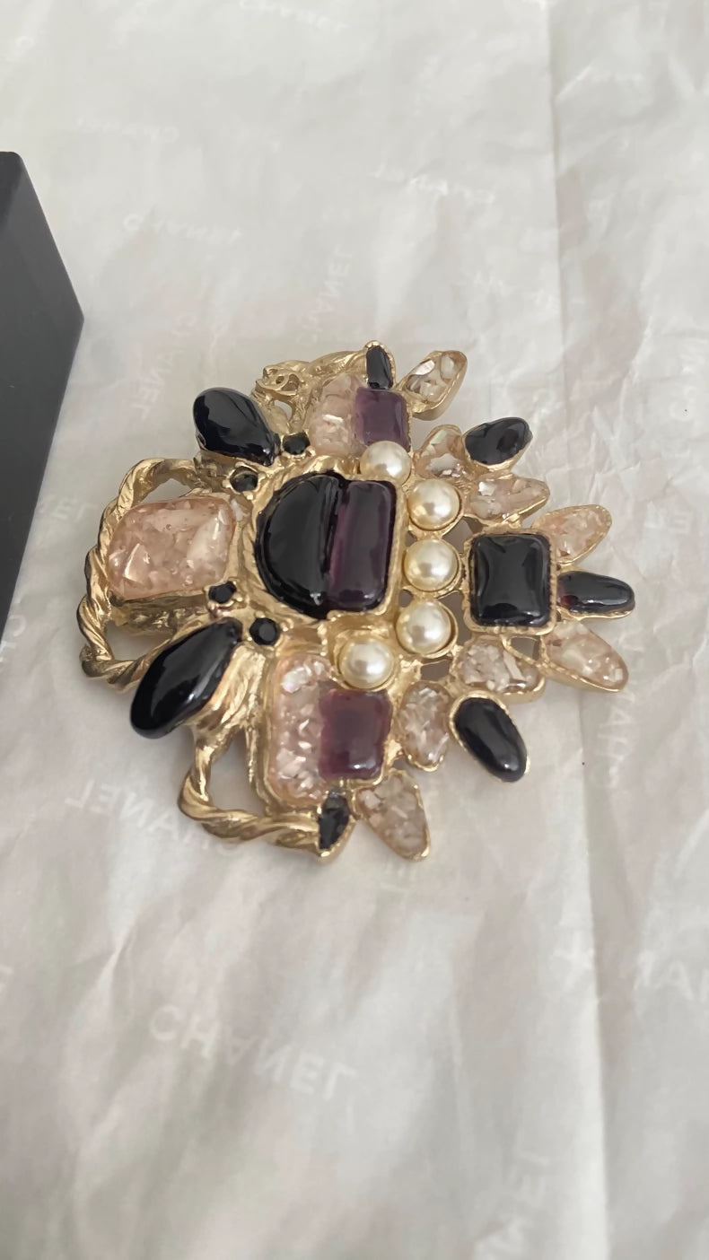 Chanel Purple Glass Cross Pearl Brooch