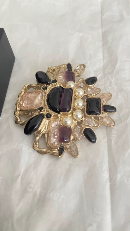 Chanel Purple Glass Cross Pearl Brooch