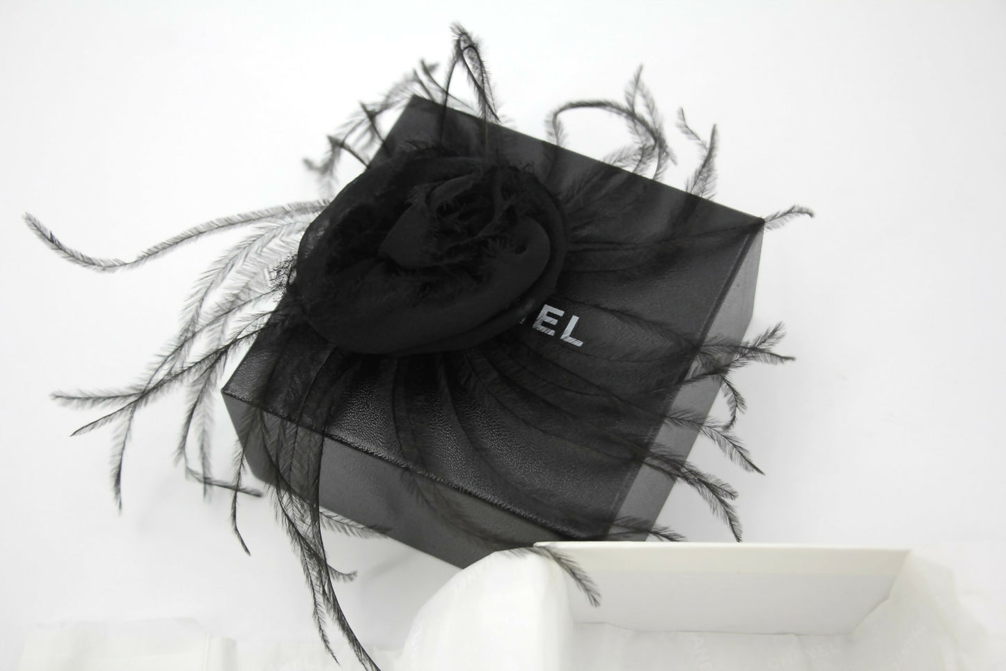 Chanel Vintage 81-85 Tulle Feather Black Camellia Silk Brooch